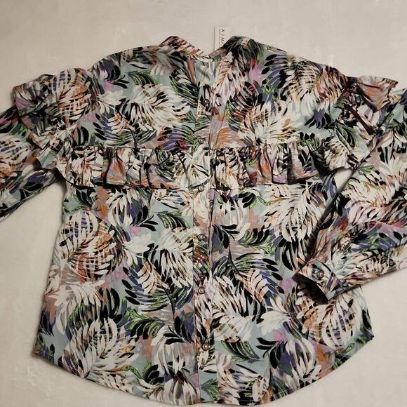 Aimae Tropical Print Ruffled Yoke Button Front Western Flair Long Sleeve Size Me - Picture 1 of 14